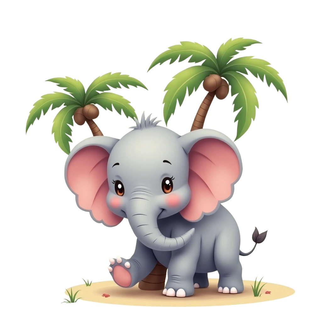 Cute Elephant and Palm Trees